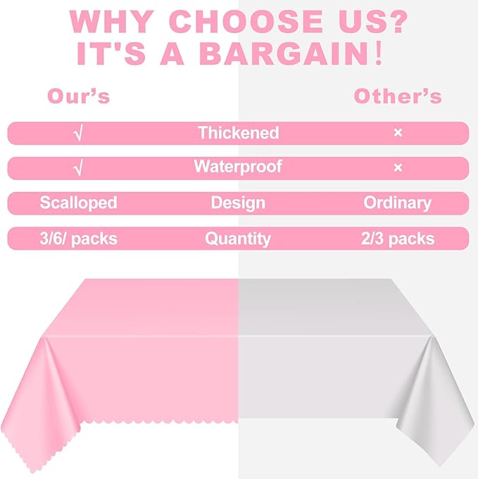 6 Pack Plastic Pink Tablecloth, 54 X 108Inch Party Table Covers Pink Scalloped Table Cloths for Rectangle Tables Disposable Tables Cover for Picnic Baby Shower Tea Party Wedding Bridal