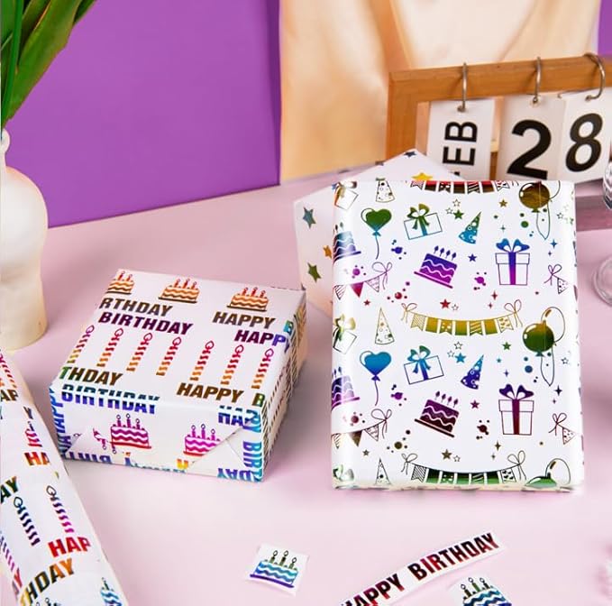 Linnoptimix Birthday Wrapping Paper Roll -3 LARGE ROLL-27inch*78 inch per roll Colorful Foil wrapping paper (Birthday 3 White/Colorful Foil（009）)