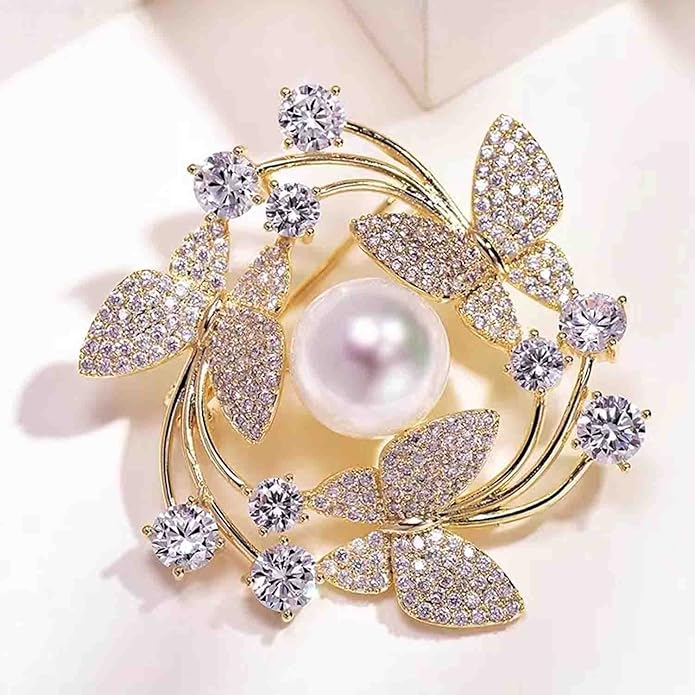 Crystal Pearl Flower Brooches Pins Fashion Beautiful Created Rhinestone Floral Brooch Good Idea for Party Dance Wedding Banquet for Elegant Women Girl