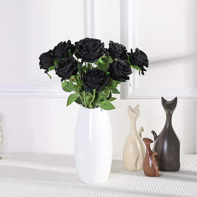Tifuly 50 Pcs Black Roses Artificial Flowers Bulk,Realistic Long Stem Fake Silk Roses for Wedding Centerpiece Table Vases Party Home Kitchen DIY Bouquets Decor