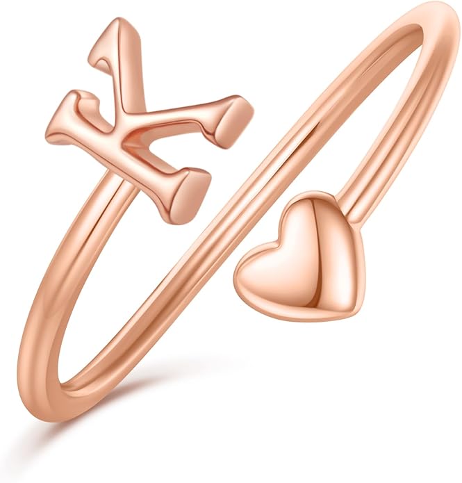 Initial Rings for Women Girls - Valentines Day Gifts for Her, Adjustable Rings for Women Non Tarnish Letter A-Z Dainty Heart Ring Teen Girls Gifts Trendy Stuff Personalized Jewelry Gift