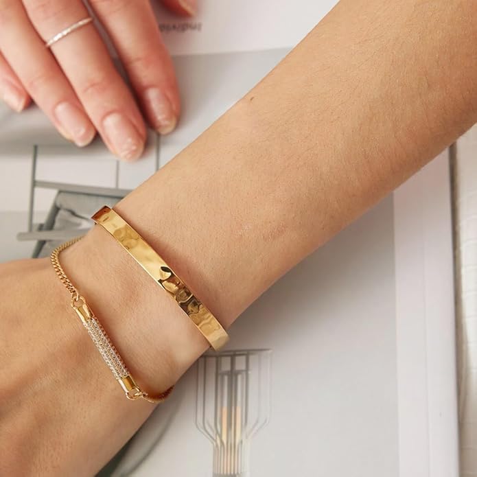 PERNNLA PEARL Dainty Gold Bar Bracelet for Women Simple Delicate Thin Cuff Bangle Hook Bracelet 18K Gold Plated Handmade Minimalist Jewelry