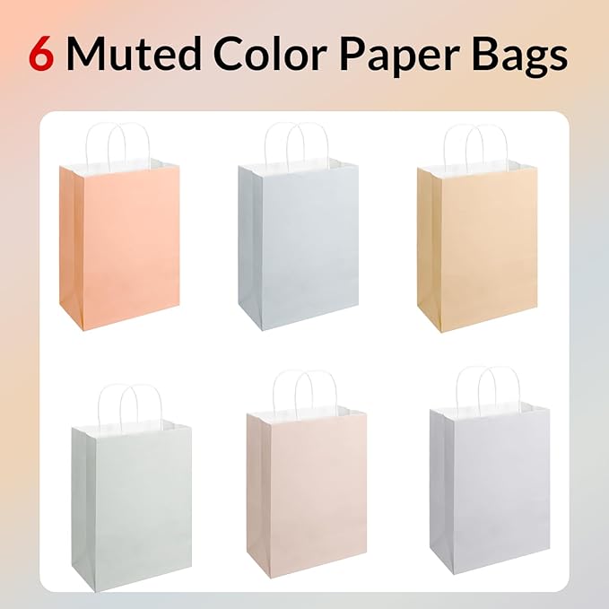 SUNEE Gift Bags with Handles 8x4.3x10.7, 100 Pcs Paper Gift Bags Medium Size Bulk, Muted Color for Wedding, Birthday, Party Supplies and Celebrations