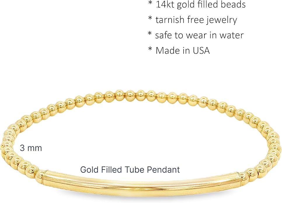 Anela 14kt Gold Filled Beaded Stretch Bracelet with Tube Pendant, Tarnish Free Water Resistant Stacking Jewelry for Women