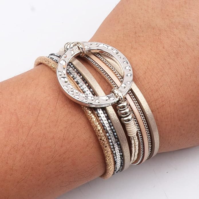 KSQS Tree of Life Leather Multi-Layer Wraps Bracelet,Boho Wide Buckle Wristband Bangle,Braided Cuff Bracelets for Women