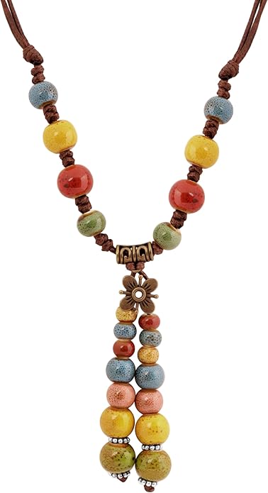 MINACHI Vintage Bohemian Colorful Ceramic Bead Antique Flower Y Necklace, Vintage Boho Hippie Statement Jewelry Gift for Women