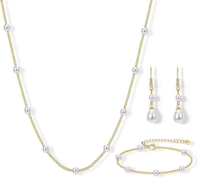 YADOCA Gold Jewelry Set for Women - 16K Gold Plated Pearl Necklace and Earring Set With Drop Earrings,Charm Layered Necklace,Adjustable Bracelets - Dainty Women's Pearl Jewelry Set For Wedding Gifts