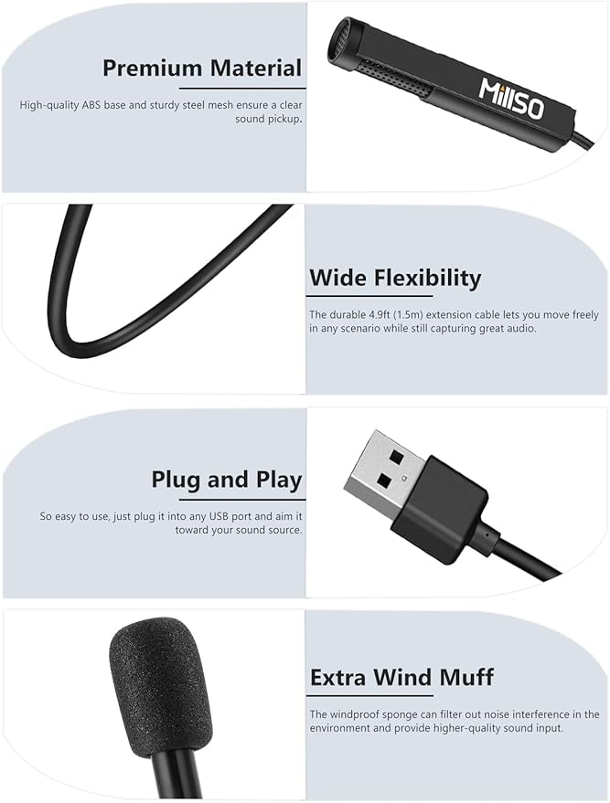 MillSO USB PC Microphone Plug & Play Omnidirectional External Lavalier Mini USB Microphone for Computer, Laptop, YouTube, Meeting, Recording, Podcasting, Gaming - 1.5m/4.9ft