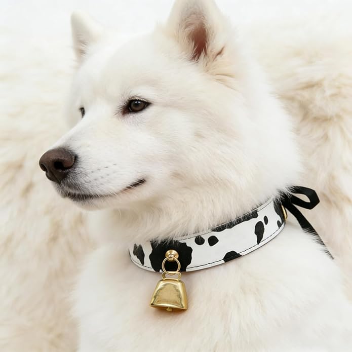 Bell Collar Necklace for Women, Cow Print PU Leather Choker with Flat Ribbon Tie, Anime Cow Cosplay Jewelry Gifts