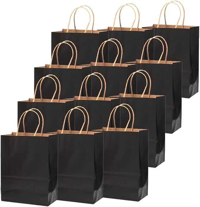 qiqee Large Kraft Paper Bags with Handles 13"x10"x5" 32 pcs Gift Paper Bag Black Solid Color Bags（Large Size）