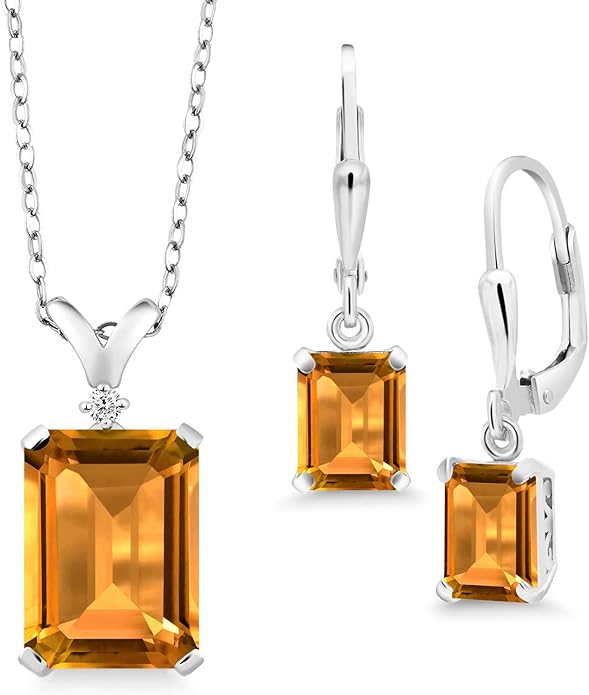 Gem Stone King 9-13 Cttw Pendant and Earrings Jewelry Set For Women | Emerald Cut 14X10MM and 8X6MM | Round 1.5MM | Gemstone Birthstone and Diamond | 925 Sterling Silver | 18 Inch Silver Chain