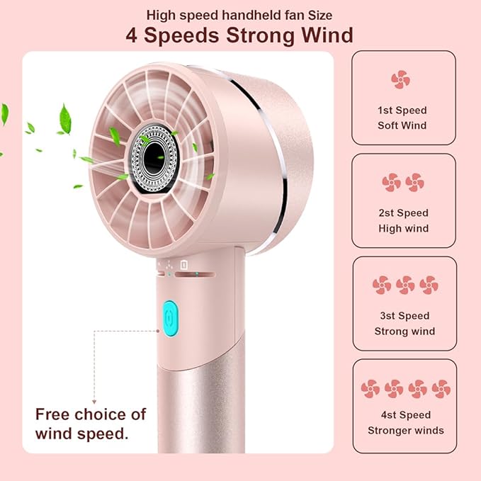 Handheld Fan, Mini Small Portable Turbo Fan, USB Type-C Rechargeable with 4 High Speeds Personal Fans, Max 16 Hours Working Time, Small Hand Fan for Travel, Camping, Office, Home, Outdoor - Pink
