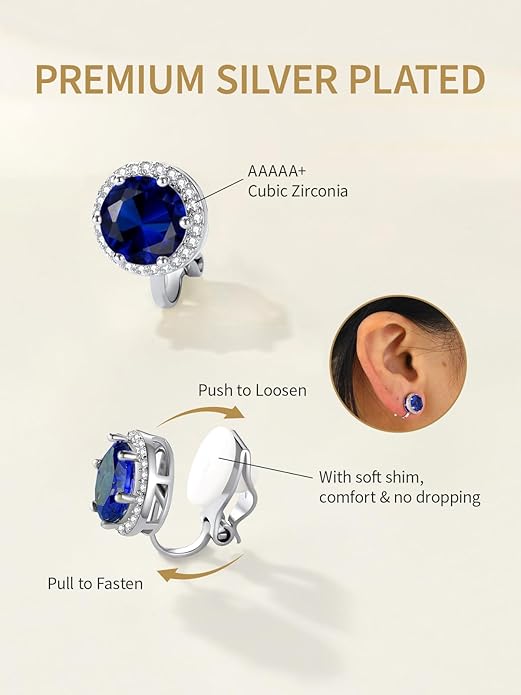 FindChic Sparkling Birthstone Clip On Earrings for Women, Silver Plated Stud Earrings 8MM Cubic Zirconia Non Pierced Studs, 12 Months Birthday Jewelry Gift