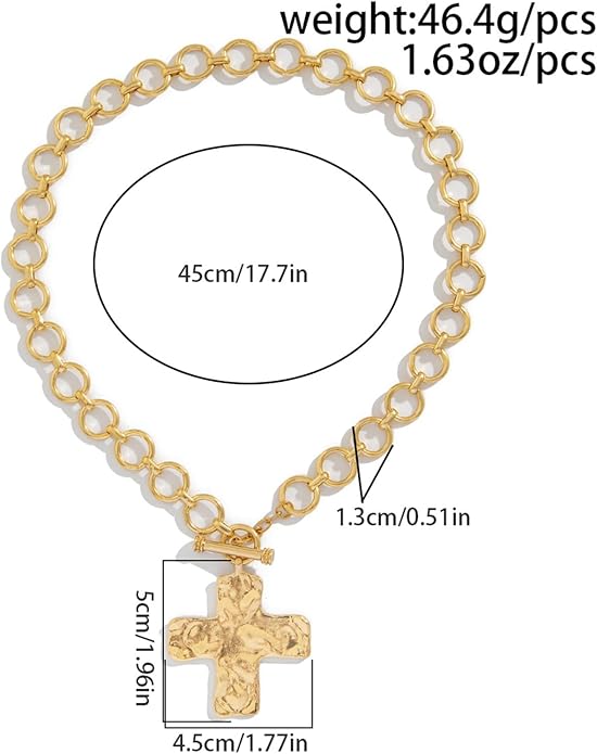 Atiptu Gold Chunky Cross Necklace for Women Statement Cross Pendant Necklace Layered Hammered Bold Cross Necklace Vintage Toggle Clasp Necklace Jewelry