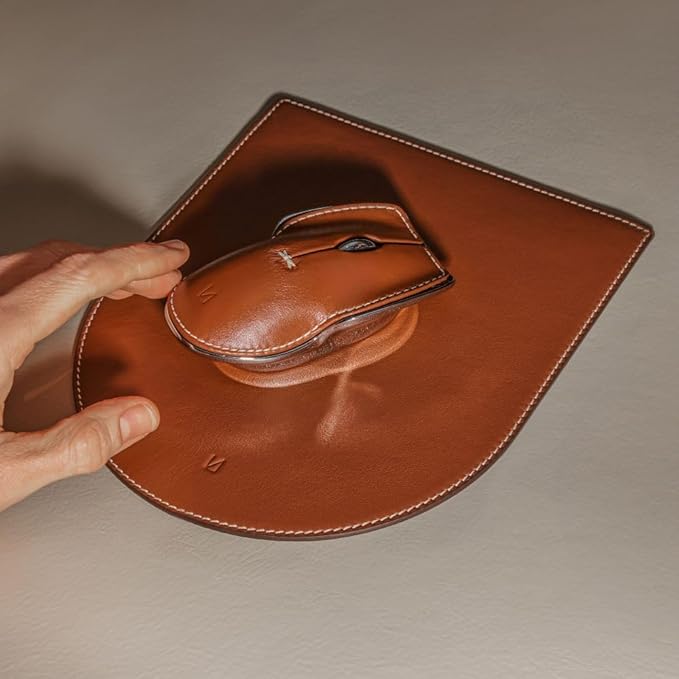 LUNAR ARTEFACTS Ambidextrous Rechargeable Bluetooth Wireless Computer Mouse Brown French Leather and Aluminum, Qi Enabled USB-C