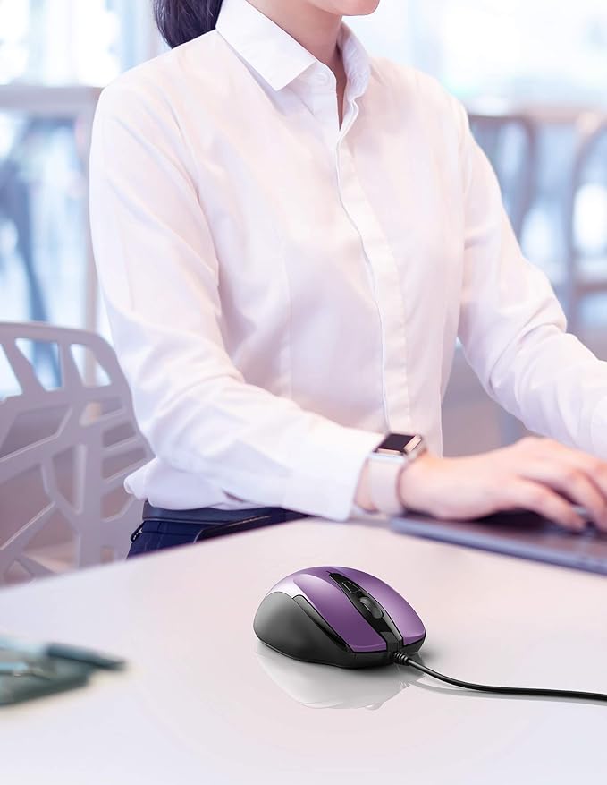 TECKNET USB Wired 6-Button Mouse With 4 Adjustable DPI, Optical Computer With Ergonomic Design and 5FT Cord for Laptop, Chromebook, PC, Desktop, Mac, Notebook - Purple