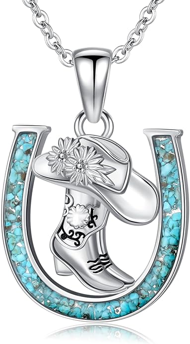 Western Cowboy Necklace 925 Sterling Silver Horseshoe Pendant Western Jewelry Cowgirl Gifts for Women Girlfriend Cowboy Cowgirl