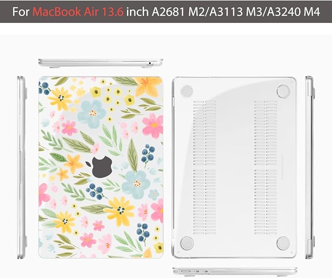 Teryeefi for MacBook Air 13.6 inch Case M4 A3240/M3 A3113/M2 A2681 (Released 2025 to 2022), Hard Shell + Keyboard Cover+ Screen Protector+Dustplug + Type-C Adapter, Cute Flowers A009