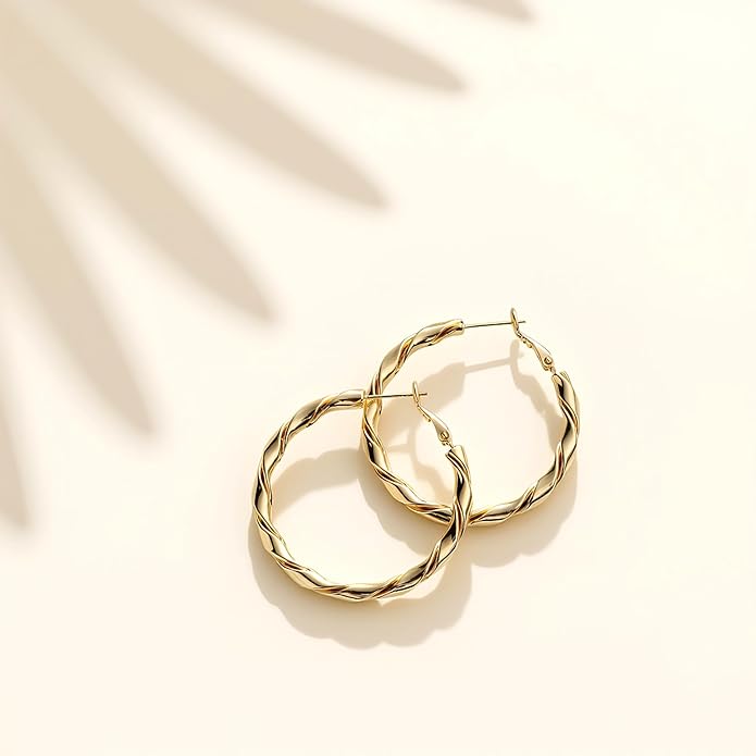 14k Gold Plated Hoop Earrings for Women, 925 Sterling Silver Posts Thick Twist Hypoallergenic Chunky Large Earrings 20mm 30mm 40mm 50mm