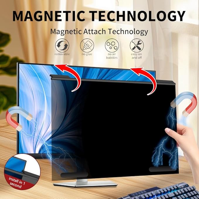 Magnetic Computer Privacy Screen Filter 27 Inch, Removable Hanging Aluminum Alloy Privacy Shield for 16:9 Widescreen Monitor, Anti Spy Anti Scratch Anti Glare Blue Light Screen Guard