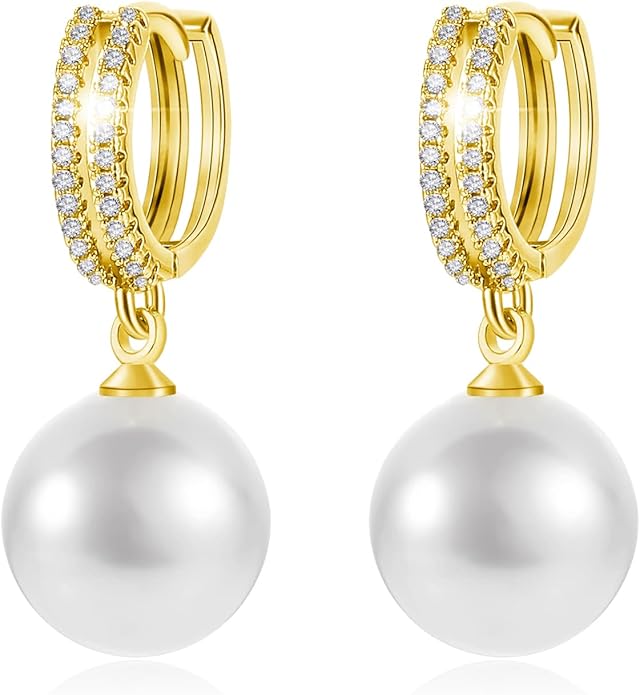 Pearl Earrings for Women 14K Gold Plated Hypoallergenic Pearl Earrings 5A Cubic Zirconia Dangle Earrings Elegant Jewelry