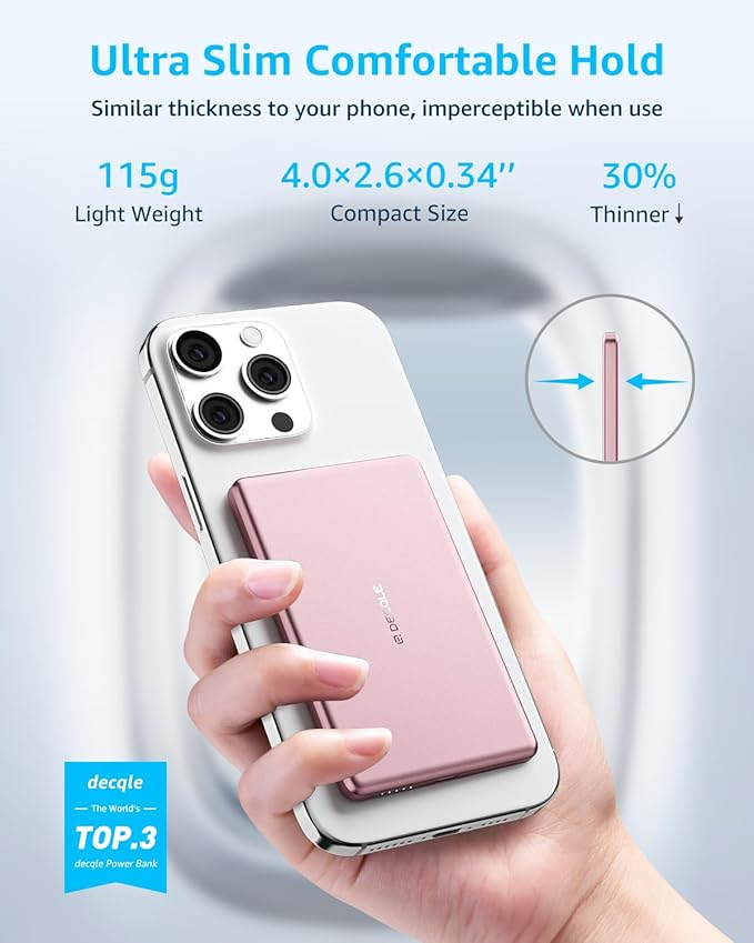 “Air” Power Bank for MagSafe 5000mAh, Ultra Slim Magnetic Wireless Portable Battery Charger Case with USB-C Cable, Compatible with iPhone 17/16/15/14/13/12 Series Only (Pink)