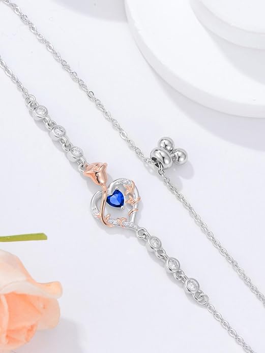 Birthstone Charm Link Bracelet 925 Sterling Silver Rose/Heart/Mom Bracelet with 12 Months Birthstone Mother's Day Gift Jewelry Gifts for Women,Chain Length 7"+2" Extend
