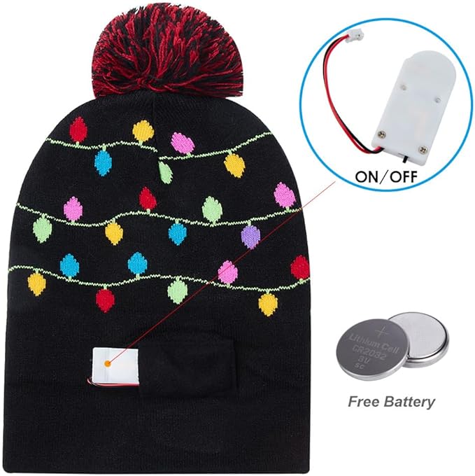 RAISEVERN Unisex Ugly LED Christmas Hat Novelty Colorful Light-up Stylish Knitted Sweater Xmas Party Beanie Cap(6 Lights)