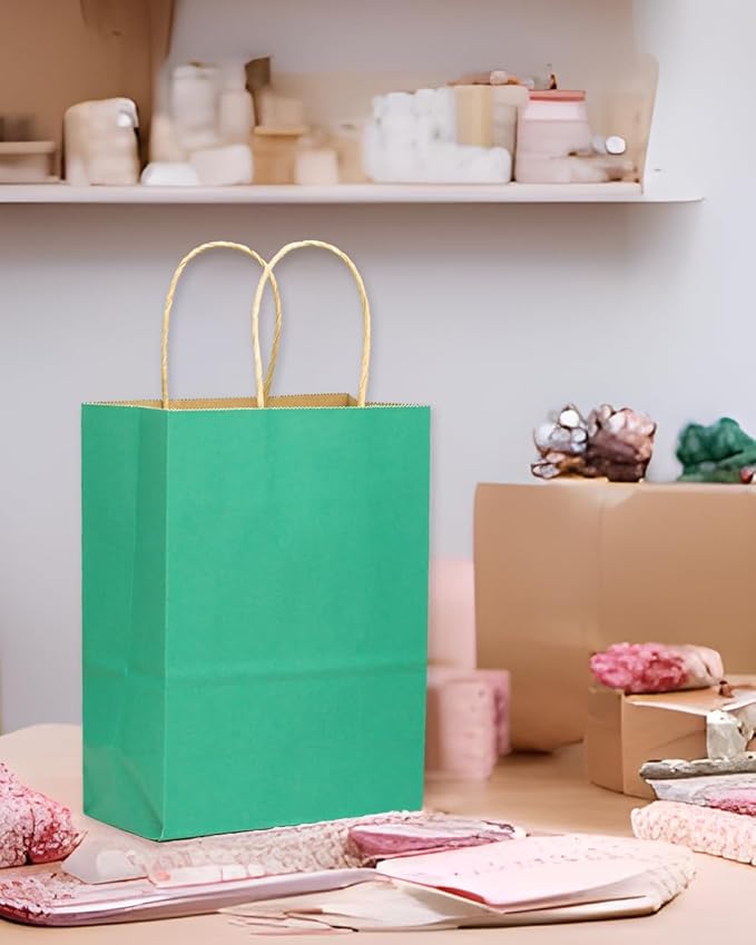 qiqee Large Kraft Paper Bags with Handles 13"x10"x5" 32 pcs Gift Paper Bag Mint Green Solid Color Bags（Large Size）