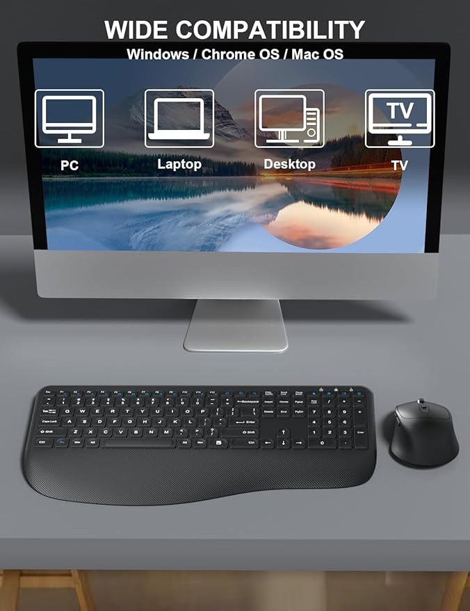 Wireless Keyboard and Mouse Combo, EDJO 2.4G Full-Sized Ergonomic Computer Keyboard with Wrist Rest and 3 Level DPI Adjustable Wireless Mouse for Windows, Mac OS Desktop/Laptop/PC (Carbon Black)