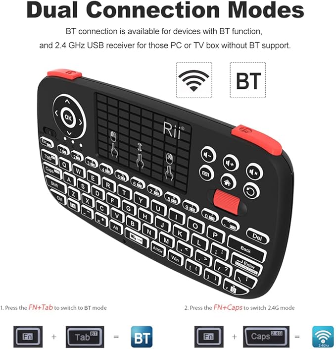Rii (Upgrade) i4 Mini Bluetooth Keyboard with Touchpad, Blacklit Portable Wireless Keyboard with 2.4G USB Dongle for Smartphones, PC, Tablet, Laptop TV Box iOS Android Windows Mac.Black