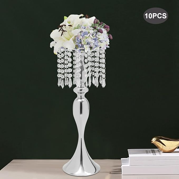 Wedding Centerpieces Gold Vases,10PCS Metal Flower Candle Holder with Sparkling Crystal Beads,Crystal Flower Vase Metal Flowers Stand for Party Tables Decorations (10PCS-Sliver-17cm)