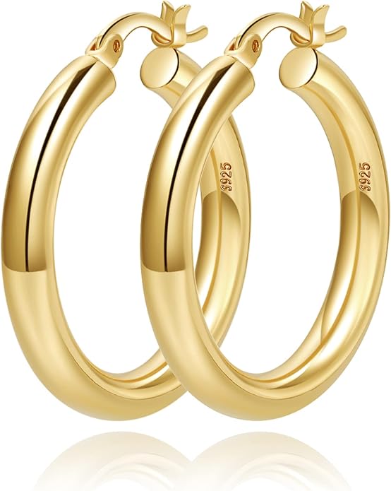 4mm Thick Gold Chunky Earrings Steling Silver Post Hoops Earrings For Women Hollow Tube Hoops Earrings Thick Gold Hoop Earrings Hypoallergenic Lightweight Gold Hoop Large Earrings 20/30/40/50/60MM
