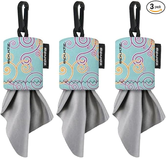 SPUDZ Classic Microfiber Lens Cleaner – Clip-On Pouch, Washable – for Binoculars, Scopes, Glasses, Screens | Baby Blue Swirls, 6 x 6 Inch (3-Pack)