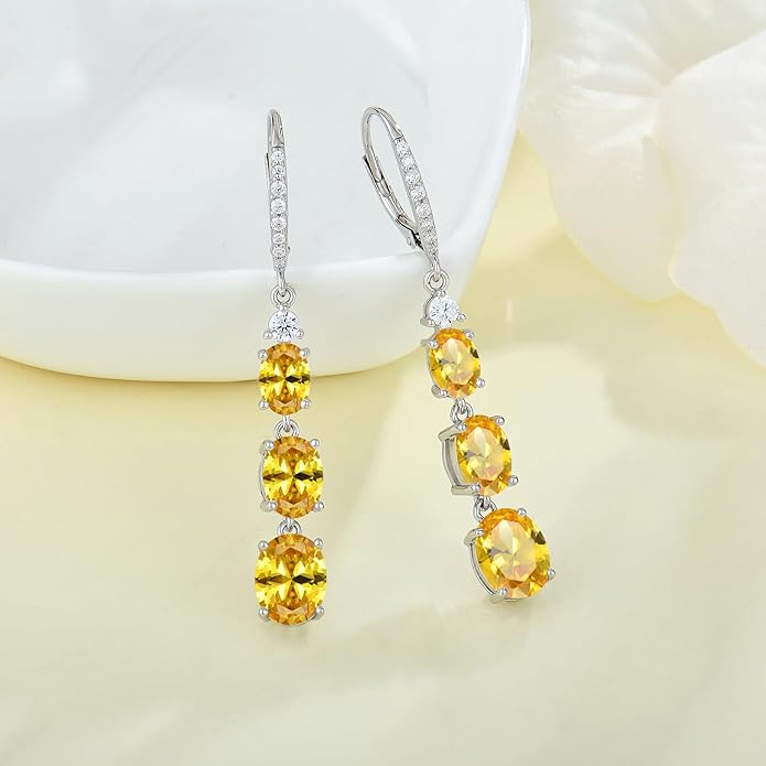 Women 925 Sterling Silver Birthstone 3-stone Leverback Drop Dangle Earrings 5A Cubic Zirconia Jewelry for Her