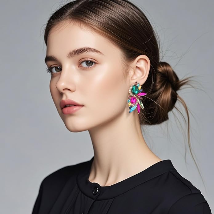 Vintage Rhinestone Statement Earrings Fancy Crystal Cluster Drop Dangle Earrings for Women