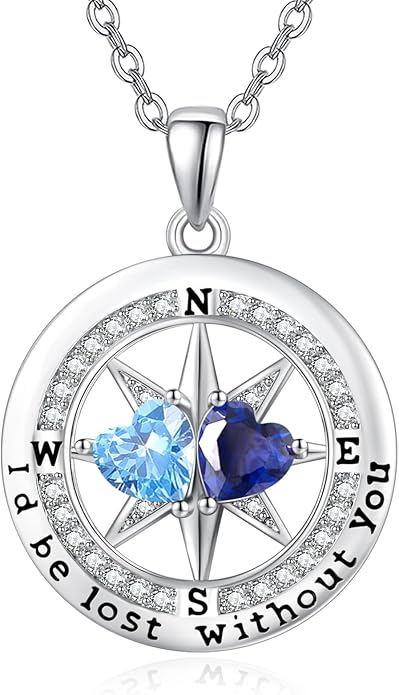 Compass Necklace for Women, Exquisite S925 Valentines Day Anniversary Birthday Gifts for Wife Her Double Birthstone Pendant Jewelry ‘I'd be Lost Without You’