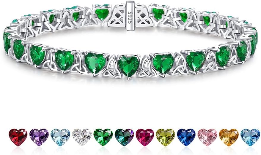 Birthstone Tennis Bracelets for Women, 925 Sterling Silver Heart Shaped Celtic Trinity Knot, 7 Inch Charm Trendy Hypoallergenic Anniversary Birthday Gifts for Her