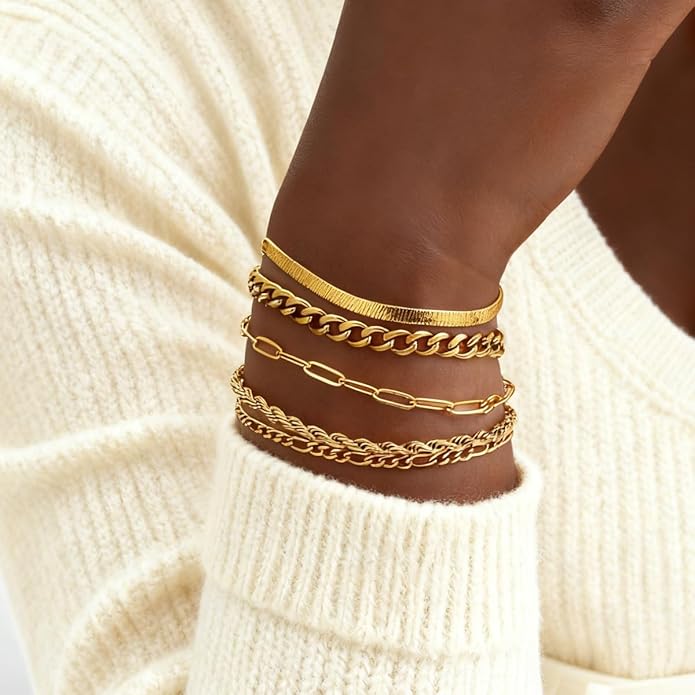 18K Gold Plated Bracelet Sets for Women Waterproof - Trendy Thin Dainty Stackable Cuban Link Paperclip Snake Twisted Chain Fashion Jewelry Accessories Gifts for Women