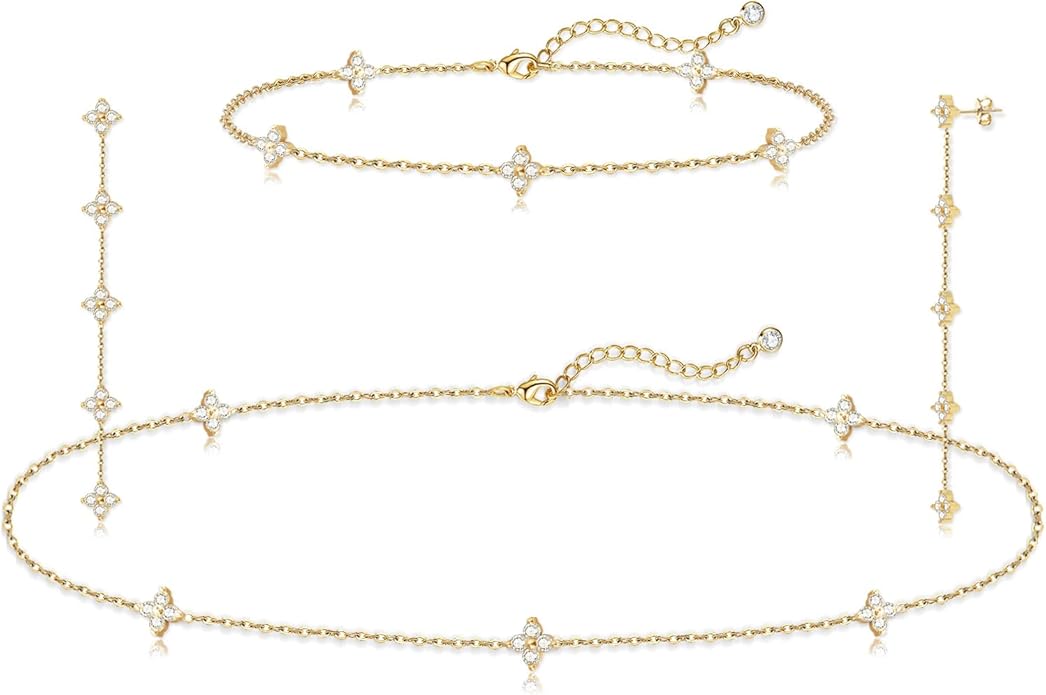 Tennis Necklace Bracelet for Women, Dainty Sterling Sliver Choker Necklace Crystal Link Bracelet Stud Earrings for Women Wedding Jewelry for Bride Jewelry Set Accessories