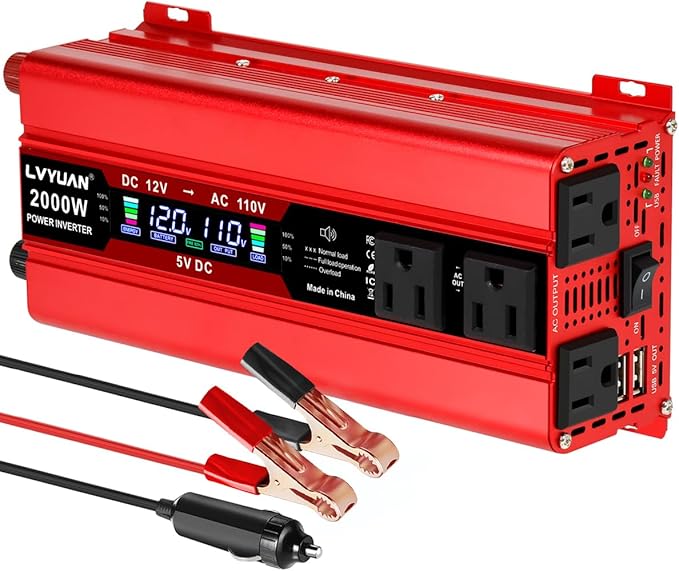 LVYUAN 1000W Car Power Inverter 12V to 110V DC to AC with 4 US Sockets, Cigarette Lighter, LCD Display, USB Ports for Car, Home,Outdoor, Camping