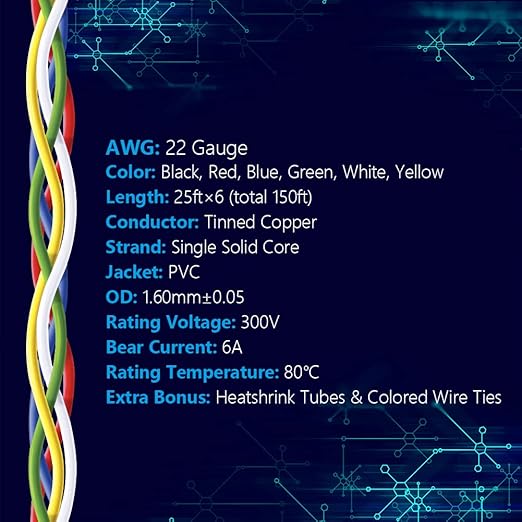Fermerry 22 AWG Solid Core Wire Spool 25ft Each 6 Colors Flexible 22 Gauge Hook up Wire Kit Electrical Tinned Copper Wire PVC