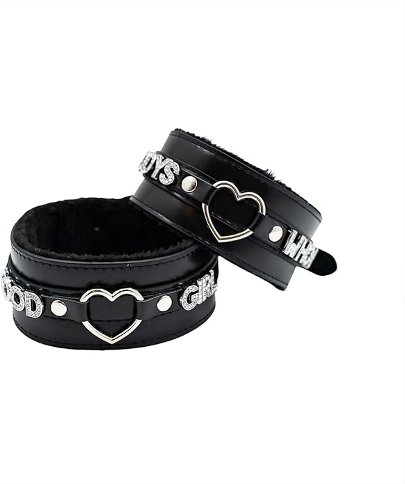 Pink Furry Heart O-ring Leather Choker Collar For Women, Handmade Punk Gothic Letter Necklace Adjustable Fashion Jewelry