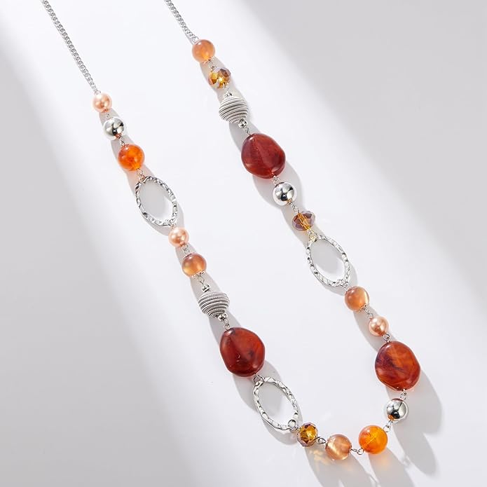 BULINLIN Beaded Long Necklace for Women Silver Sweater Chain Necklace with Crystal Resin Beads, Fashion Jewelry Necklace