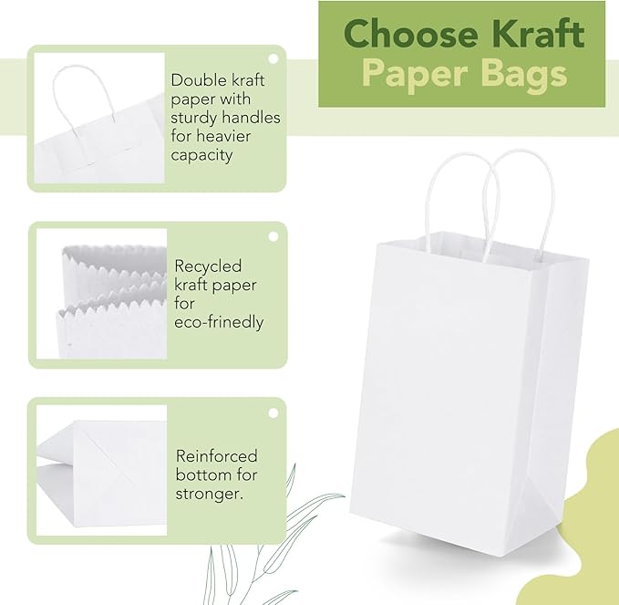 MESHA Paper Gift Bags 5.25x3.75x8 White Small Paper Bags with Handles Bulk,100 Pcs Kraft Paper Bag for Small Business,Birthday Wedding Party Favor Bag,Paper Shopping Bag