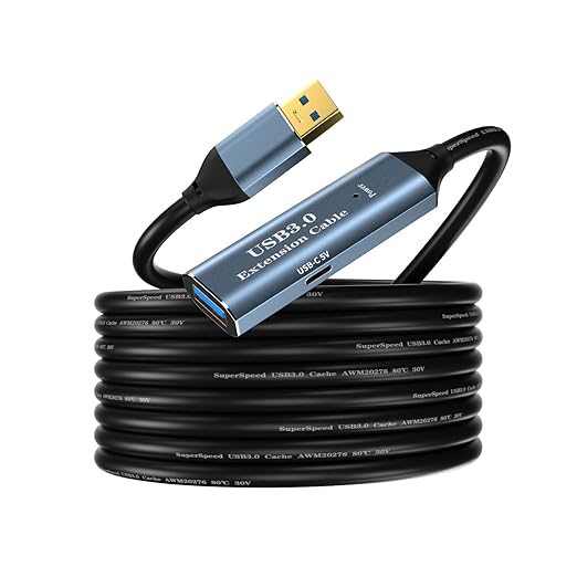 USB 3.0 Extension Cable 16.4FT Type A Male to Female Active Extender Cord with 1 Extension Chipsets Signal Booster and 1 USB-C Charging Port, for Webcam, PlayStation, Printer, Camera