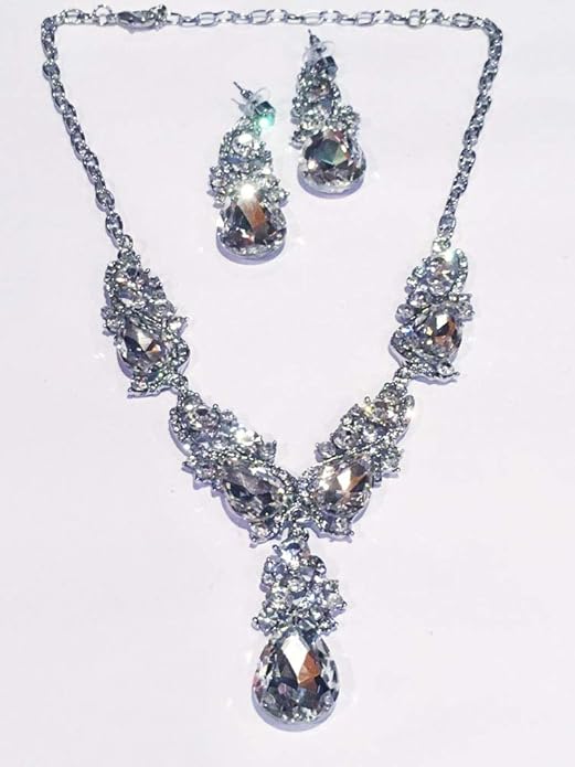 Secret for Longevity Silver Tone Antique Style Art Deco Clear Crystal Rhinestone Statement Wedding Bridal Prom Chunky Statement Earrings Necklace Gift Set
