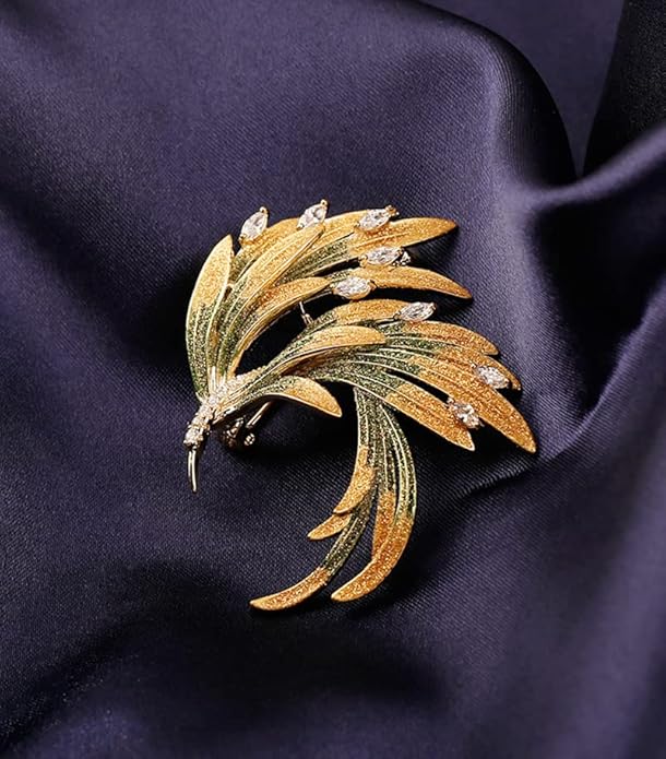 14K Gold Phoenix Tail Feather Brooch, Sparkling Moissanite Enamel Brooch - Beautiful Brooch Jewelry Gift