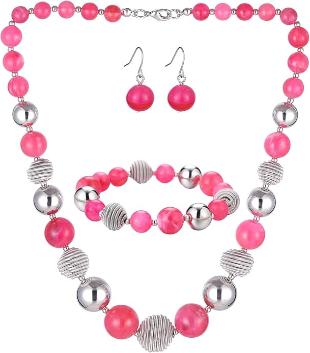 PEARL&CLUB Beaded Chunky Statement Necklace Earring and Bracelet Set Silver Metal Bead Fashion Jewelry Set Mothers’ Day Gifts for Women
