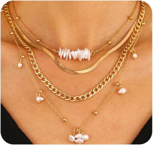 Gold Pearl Layered Necklace for Women,Vintage Stackable Irregular Pearls Choker Necklace Trendy Jewelry,Daily Wear Outfit Accessory Birthday Gift
